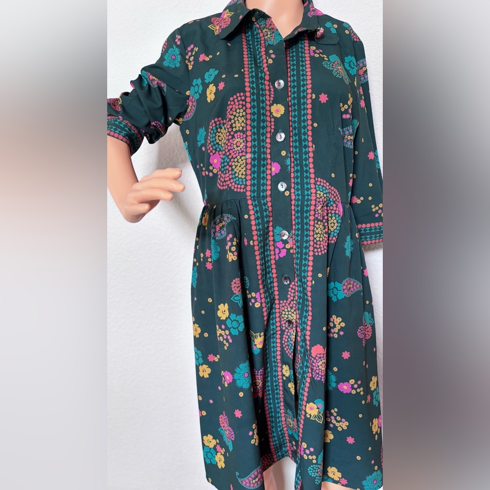 Wayward Fables Floral Dress Lined Pockets 3/4 Sleeve w Pink Brooch